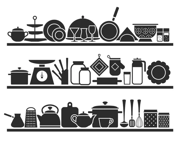 Кухонні полки з посудом для приготування їжі — стоковий вектор