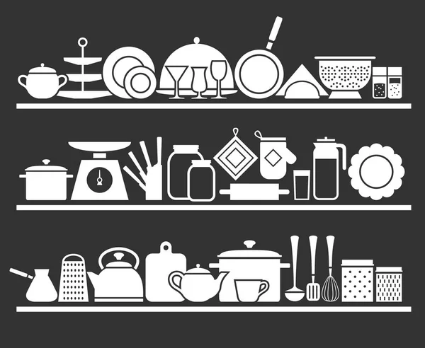 Estantes de cocina con utensilios para cocinar — Vector de stock