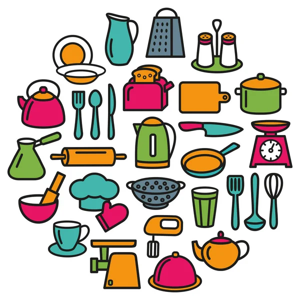 Conjunto de cocina de iconos de color de línea de utensilios de cocina en círculo — Vector de stock