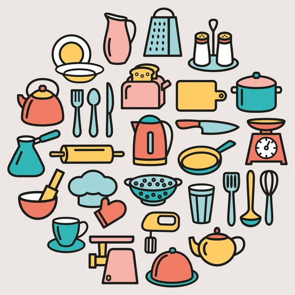 Conjunto de cocina de iconos de color de línea de utensilios de cocina en círculo — Vector de stock