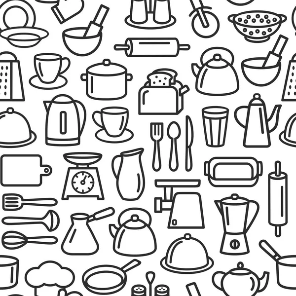 Patrón de herramientas de cocina, juego de cocina de iconos de línea de utensilios de cocina bac — Vector de stock