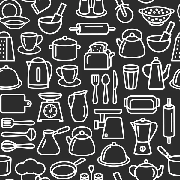 Patrón de herramientas de cocina, juego de cocina de iconos de línea de utensilios de cocina bac — Archivo Imágenes Vectoriales