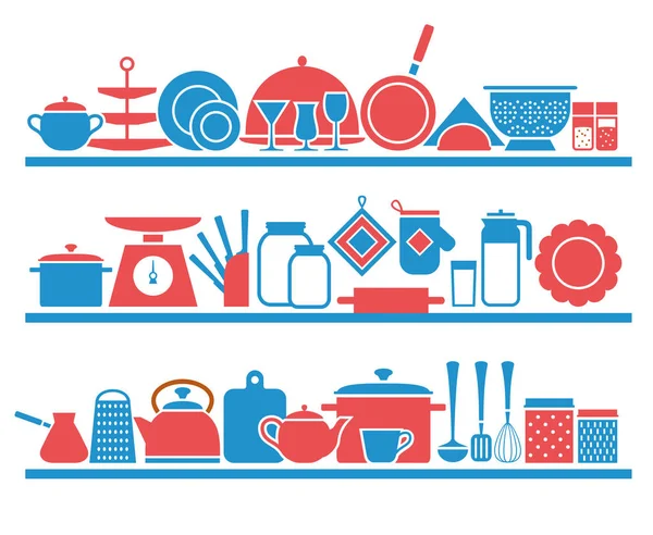 Keittiöhyllyt keittiövälineillä ruoanlaittoon — vektorikuva