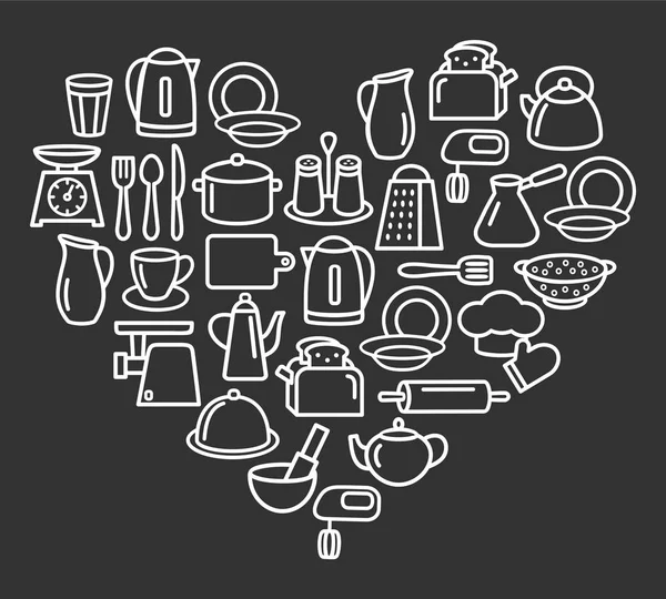 Conjunto de cozinha de ícones de linha de utensílios de cozinha no coração — Vetor de Stock