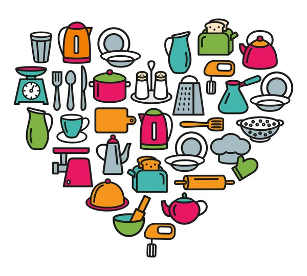 Conjunto de cozinha de ícones de linha de utensílios de cozinha no coração —  Vetores de Stock