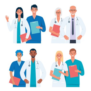 Doktorlar ve hemşireler çizgi film karakterleri. Coronavirüs illüstrasyonuyla savaşan hastane ekibi.