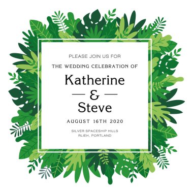 Davetiye tropikal yapraklar, bitkiler ve otlar, Madison tarzı. Kartlar, posterler, afişler için çerçeve şablonu