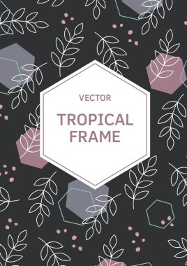 Yapraklar, bitkiler ve otlar modern düz biçimde dikdörtgen çerçeveler. Kartlar, posterler, afişler için çerçeve şablonu