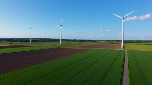 Widok Lotu Ptaka Turbin Wiatrowych Zachodzie Słońca Wiejskiej Okolicy Niższe — Wideo stockowe