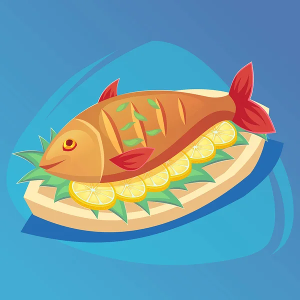 Icono Pescado Cruciano Plato Blanco Con Limón Hierbas Comida Símbolo — Vector de stock