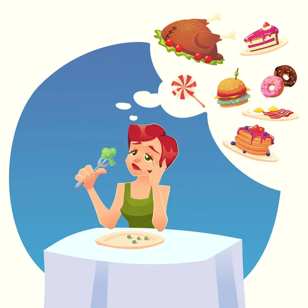 Mujer Chica Dieta Sabrosos Deseos Comida Vector Ilustración Dibujos Animados — Vector de stock