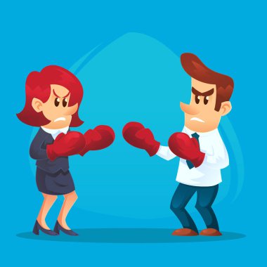 İşkadını boks eldivenleri işadamı karşı mücadele içinde. İş rekabet kavramı. Vektör düz çizgi film illüstrasyon.