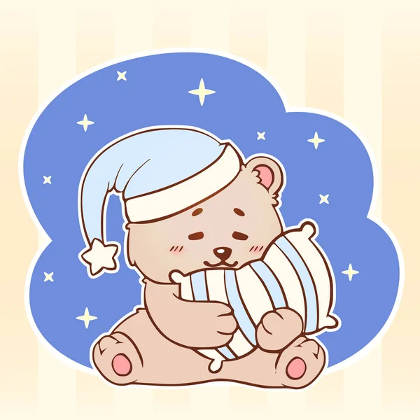 Orso Dormiente Con Cuscino Sweet Dreams Carino Kawaii Piccolo Orsacchiotto — Vettoriale Stock