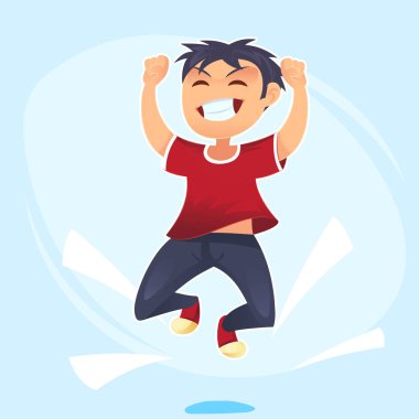 Karakteri, mutlu okul çocuk karikatür kavramı mutluluk, zafer eğlenceli atlama. Afiş, poster, Web sitesi, davet için vektör karikatür çizim