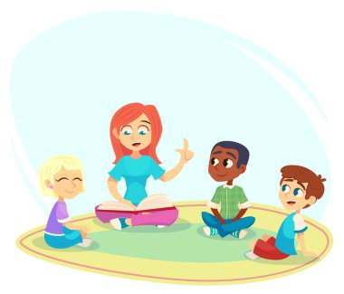 Kadın öğretmen kitap okumak, alt kattaki dairede oturmak ve onu dinleyin. Okul öncesi etkinlikleri ve erken çocukluk eğitimi. Karikatür vektör çizim için poster, Web sitesi.