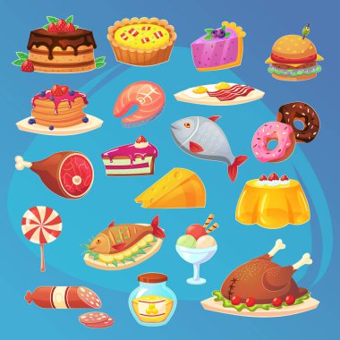 Renkli çizgi film gıda oyun web stok simgeler kümesi. İzole vektör