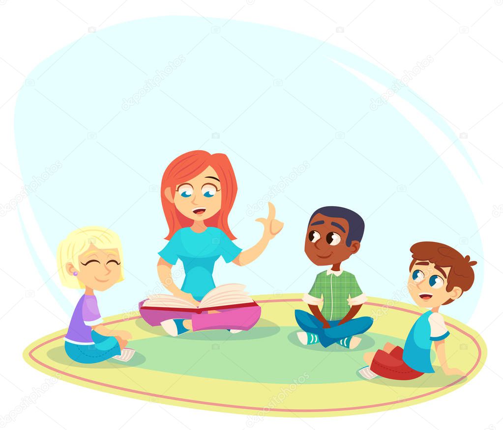 Female teacher read book, children sit on floor in circle and listen to her. Preschool activities and early childhood education. Cartoon vector illustration for poster, website.
