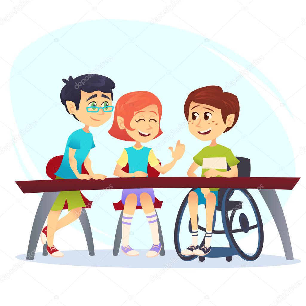 Boy in wheelchair sitting at table in canteen and talking to friends. Happy kids students having conversation. School inclusion concept. Cartoon vector illustration for website, advertisement, poster, flyer.