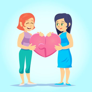 mutlu gay şirin homoseksüel eşlerin genç gülümseyen kadın lezbiyen sevgiyle birlikte kalp şeklindeki bulmaca koymak. İki aşık. Saint Valentine bayram için karakter. Vektör çizim karikatür tarzı.