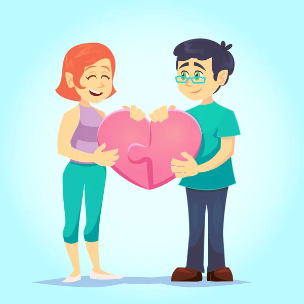 Sonriendo Joven Hombre Mujer Amorosamente Juntos Rompecabezas Forma Corazón Pareja — Vector de stock