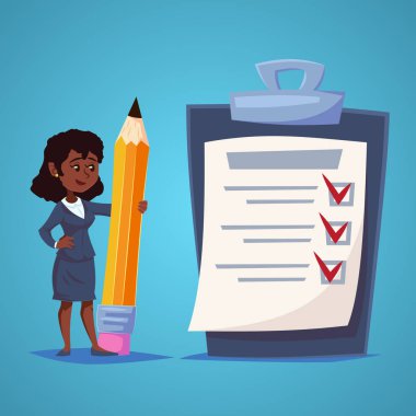 Dev onay listesini kontrol edilmesi gerekenler, gerekli öğeleri, yapılması gerekenler, office programı hatırlatma ile Afrikalı-Amerikalı bir iş kadını. Vektör iş kavramı düz stil karikatür çizim.