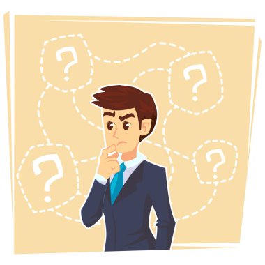 Soru işaretleri'nin altından ayakta düşünme iş adamı. Genç beyaz iş adamı düşünme. Soru işaretleri tarafından çevrili iş adamı düşünme. Vektör düz çizgi film illüstrasyon.