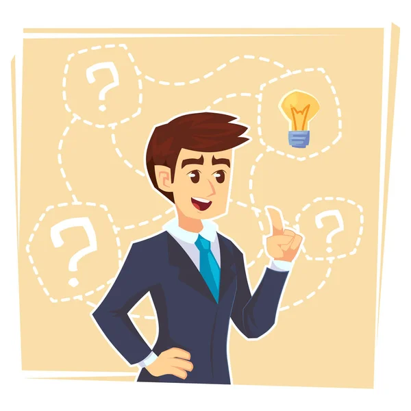 独創的なアイデアを考えるビジネスマン ビジネスの男性は 疑問符とアイデア電球頭の上に立っています ビジネス アイデアのコンセプト ベクトル フラット漫画の設計図 — ストックベクタ