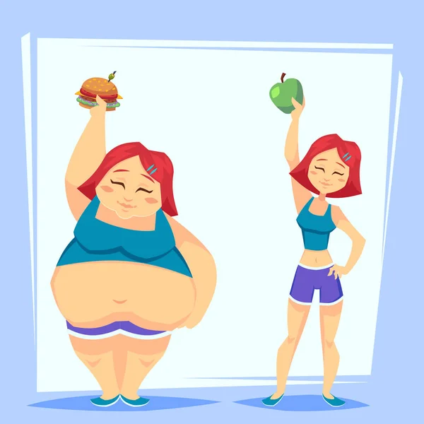 年轻妇女与苹果和快餐在减肥计划之前和之后 健康观念 滑稽卡通人物矢量插画 — 图库矢量图片