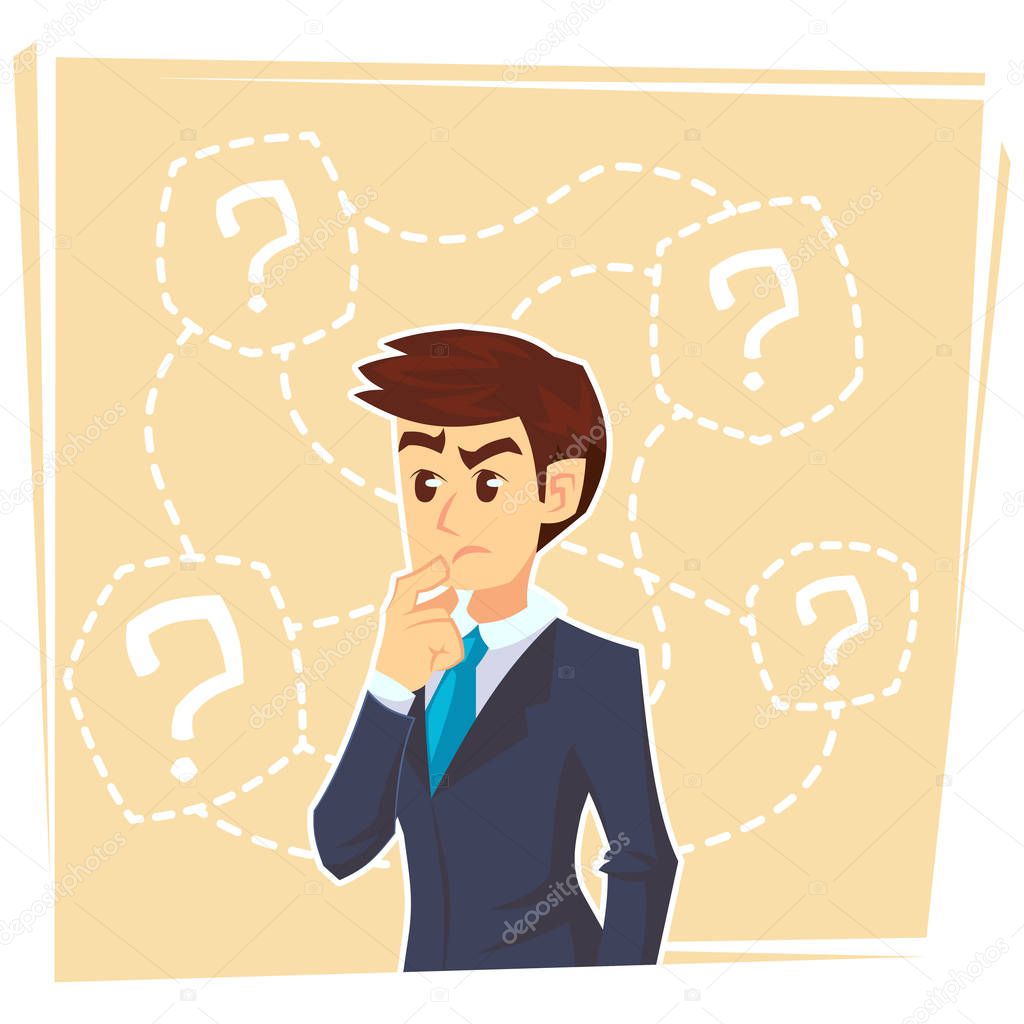 Thinking businessman standing under question marks. Young caucasian business man thinking. Thinking business man surrounded by question marks. Vector flat cartoon illustration.