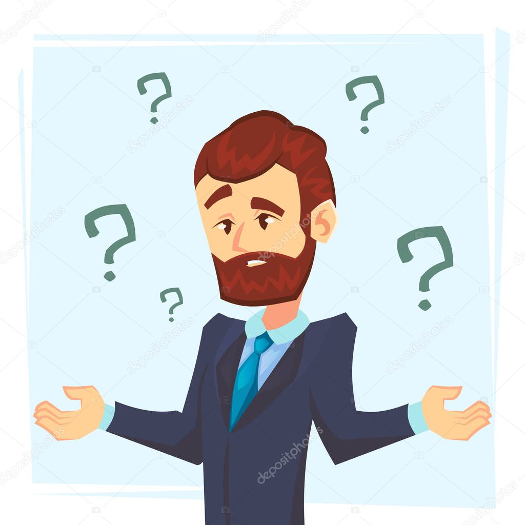 Thinking businessman standing under question marks. Young caucasian business man thinking. Thinking business man surrounded by question marks. Vector flat cartoon illustration