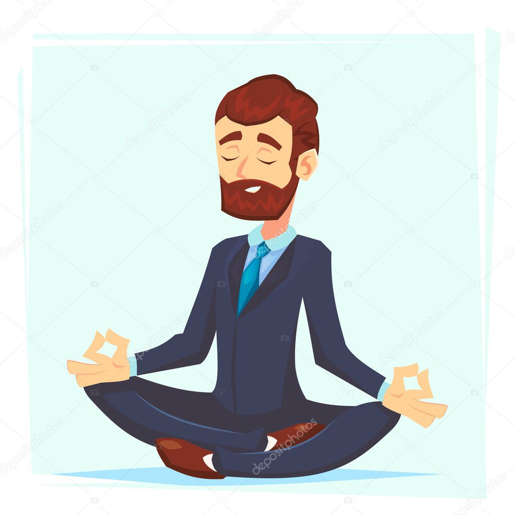 Illustration of a calm, young cartoon businessman sitting cross-legged, smiling and meditating Vector cartoon character office worker.