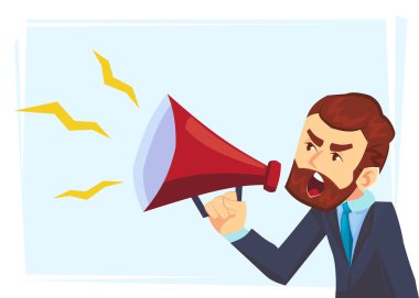 Başarılı sakal işadamı karakter hoparlör bağırarak. Liderlik konuşma. İş kavramı illüstrasyon