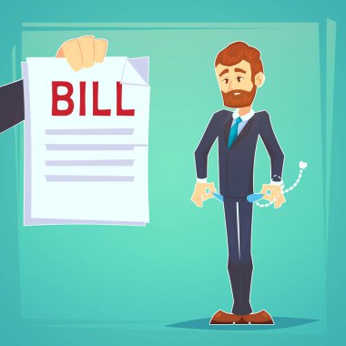 Üzgün işadamı parasız, iflas etmiş. Zavallı adam. Boş cepler. Hayal kırıklığı, hayal kırıklığına iş adamı. Çizgi film karakteri ile borç bill. Hisse senedi vektör çizim düz tasarım. İş kavramı.