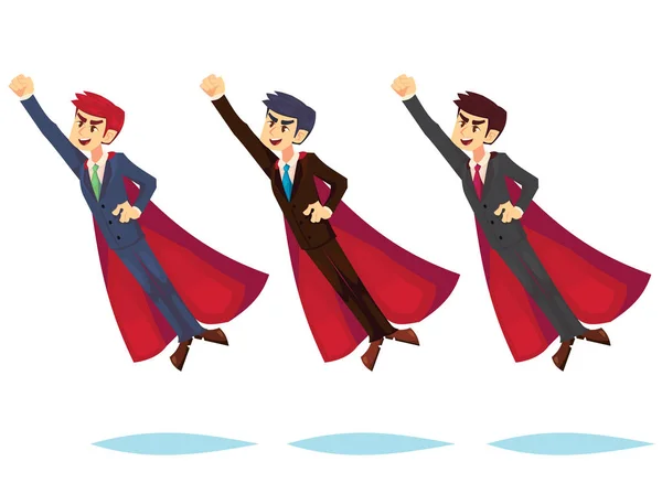 Erős üzletember szuperhős hős állítsa be a piros köpeny jelent repülni. Üzleti business ruhák ruha fiatal kaukázusi office munkavállaló vektor illusztrációk rajzfilm stílusú ember — Stock Vector