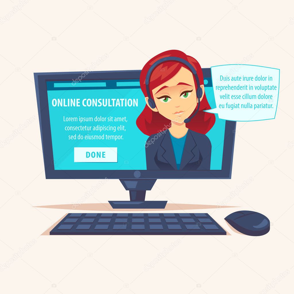 Portrait of happy smiling female woman customer support phone operator look out laptop. Modern new technology. Vector flat cartoon illustration. callcenter worker with headset