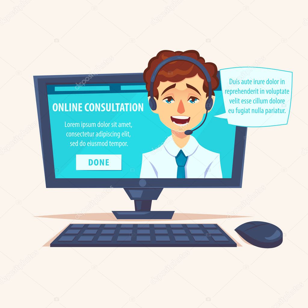 Portrait of happy smiling male man customer support phone operator look out laptop. Modern new technology. Vector flat cartoon illustration. callcenter worker with headset.