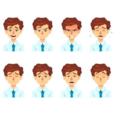 Erkek yüz duygular avatar kümesi. bıyık emoji komik sevimli karakteri farklı ifadeler ile işadamı adam. Vektör çizim karikatür tarzı.