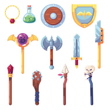 Weapon RPG game set equipment loot booty bow sword wand staff poison things artifact inventory vector clipart