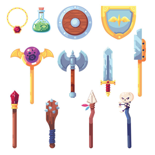 Weapon RPG game set equipment loot booty bow sword wand staff poison things artifact inventory vector