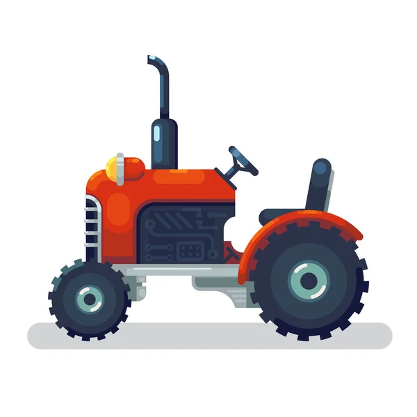 Trator vermelho plano em um estilo plano isolado. Transporte agrícola para fazenda em estilo plano. Máquinas agrícolas pesadas para trabalhos de campo. Ícone do tractor. Ilustração vetorial. — Vetor de Stock