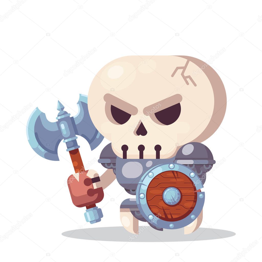 Fantasy RPG Game Character monsters and heros Icons Illustration. evil enemy warrior skeleton with axe and shield.