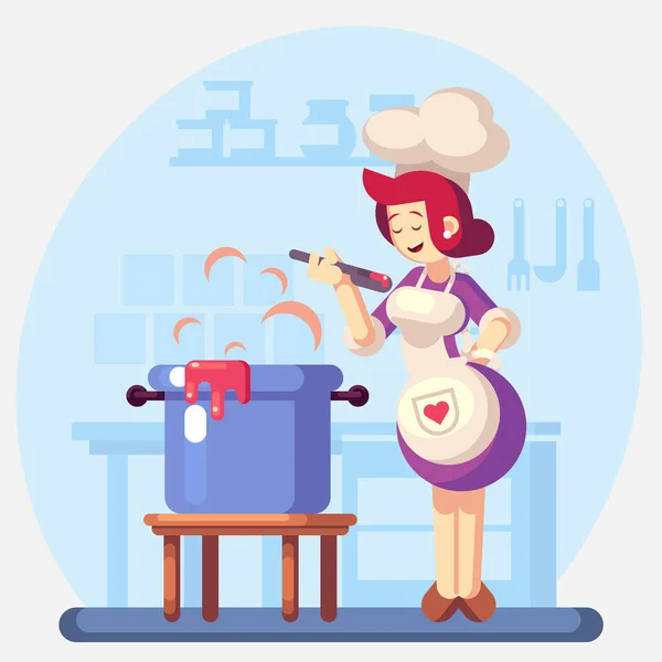 Frau lächelnd und glückliche Köchin kochen in der Küche Suppe, Soße. farbenfrohe Illustration im flachen Design — Stockvektor