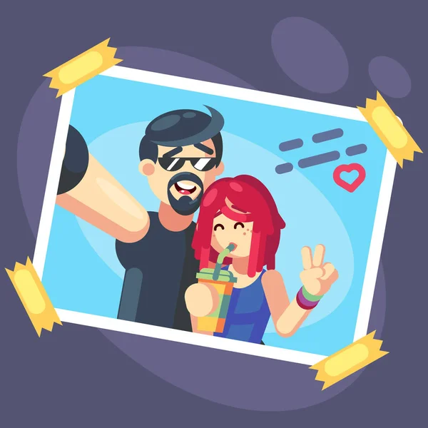 Paar selfie. Romantische zelfportret, jonge vrienden Hipster selfie foto op smartphone, camera. Lachende mensen fotografie cartoon platte vectorillustratie goed geheugen — Stockvector