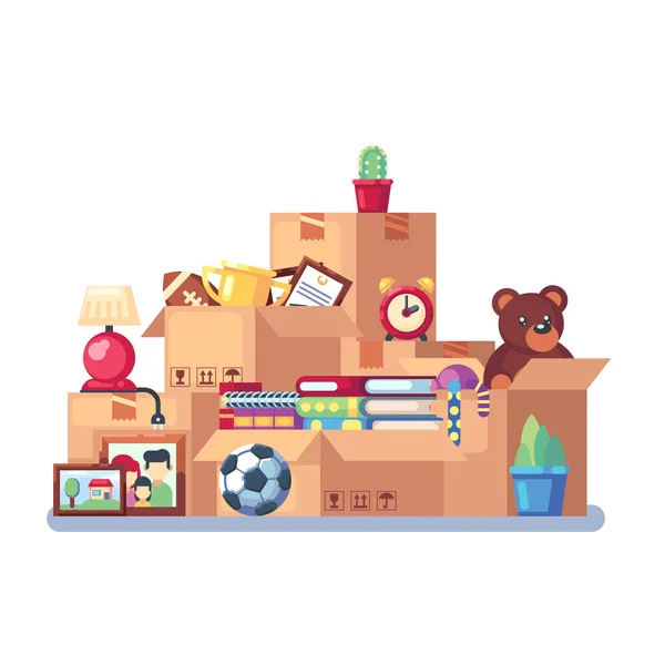 Moving with boxes to new home. Pile of stacked cardboard boxes. Vector stock illustration in flat style isolated on white background — Stock Vector