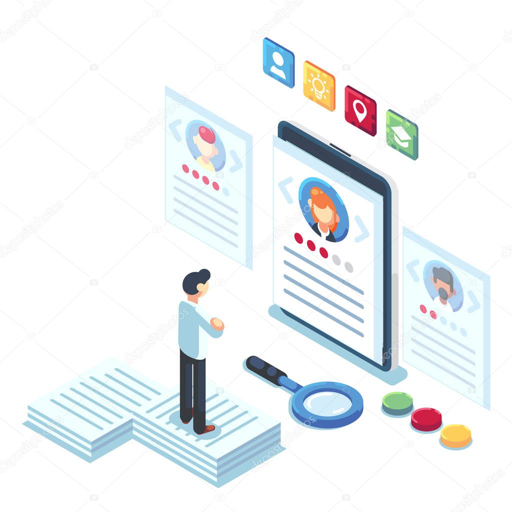 Social presentation for employment. Infographic for recruiting. Web recruit resources, choice, research or fill form for selection. Application for employee hiring. flat isometric vector illustration.