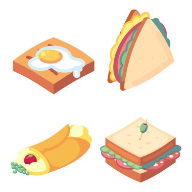 oyun Icons set gıda yüksek sağlık düzeyi lezzetli aperatifler izometrik ekmek, yumurta, sandviç tortilla vektör Icon set üzerinde izole beyaz arka plan