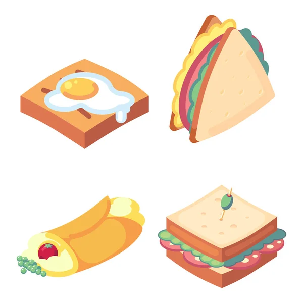 Iconos del juego conjunto de alimentos para un mayor nivel de salud deliciosos bocadillos tostadas isométricas, huevo, sándwich tortilla vector icono conjunto aislado sobre fondo blanco — Vector de stock