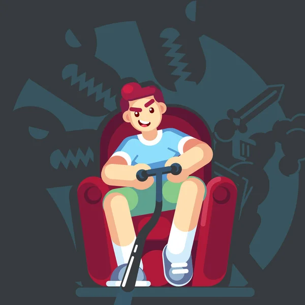 Happy gamer playing video game sitting on the couch sofa. Gamepad in hands. An excited young man playing video game rpg mmo pc console at home. Vector flat design illustration — Stock Vector