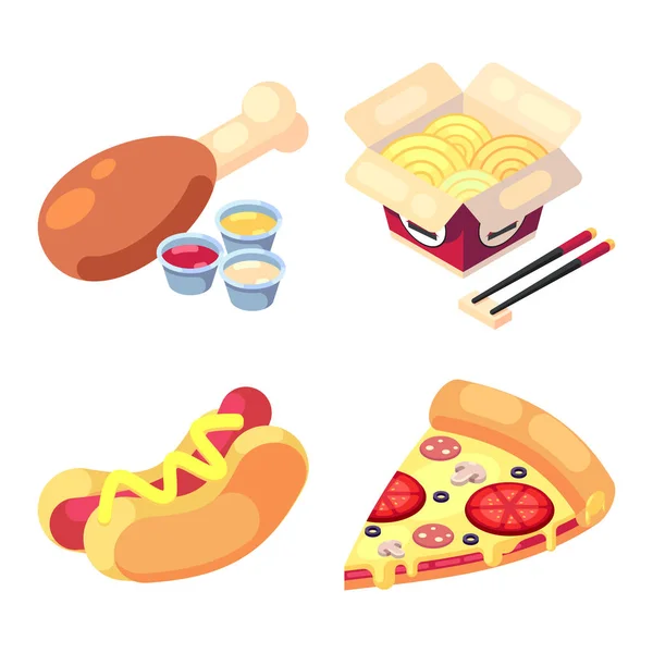 Gioco icone impostare il cibo per un livello di salute più alto deliziosi spuntini fast food, pizza, hot dog, tagliatelle, pollo icona vettoriale impostato isolato su sfondo bianco — Vettoriale Stock