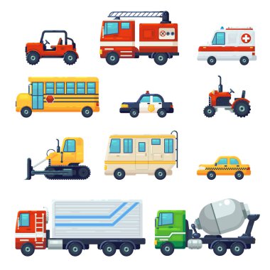 Gibi ağır endüstriyel araç araba, traktör, inşaat makine, bir yangın mücadele aracı içerir. Kullanılabilir Web siteleri, infographics, mobil uygulamalar için. . Vektör çizim grafik tasarım düz çizgi film